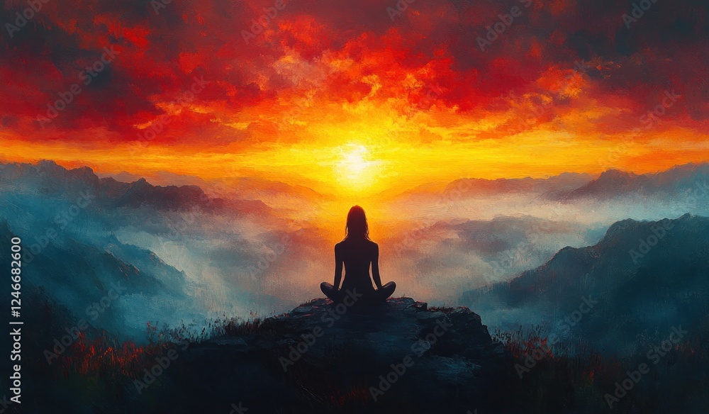 Obraz premium Yoga Meditation Silhouette at Sunset in Mountain Landscape