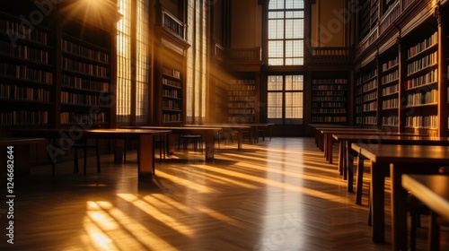 Wallpaper Mural Serene library interior bathed in warm sunlight, showcasing shelves of books and wooden tables Torontodigital.ca