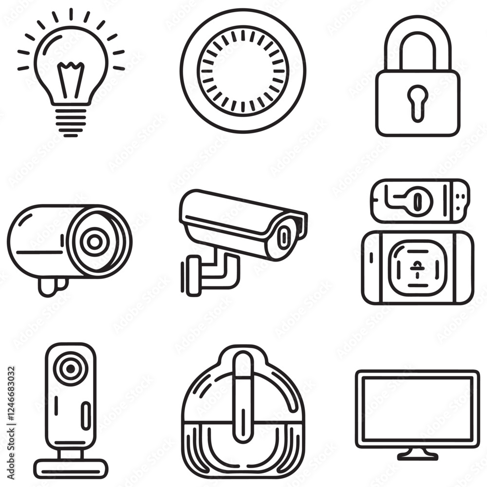 Fototapeta premium Set of 9 outline icons related to smart house. Linear icon collection. Editable stroke. Vector illustration