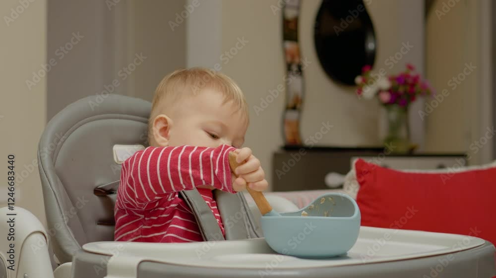 A cheerful baby boy explores the joys of self-feeding during breakfast at home. His concentration and excitement shine through as he enjoys his meal with a spoon. A cheerful baby boy explores the joys of self-feeding during breakfast at home. His concentration and excitement shine through as he enjoys his meal with a spoon.