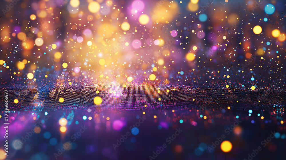 Fototapeta premium Shimmering Celebration: A vibrant, abstract bokeh background of colorful lights, creating a festive and celebratory mood. Perfect for party invitations, events, or celebratory themes. 