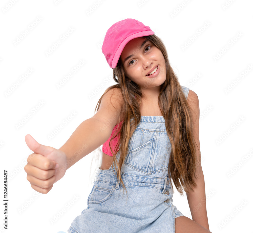 Little girl wearing a pink cap showing thumb up on a transparent background. PNG transparent. Little girl wearing a pink cap showing thumb up on a transparent background. PNG transparent.