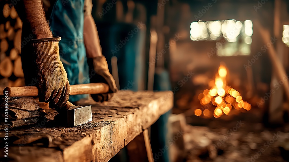 Craftsman shaping metal with hammer in rustic workshop, warm glow from fireplace in background Craftsman shaping metal with hammer in rustic workshop, warm glow from fireplace in background