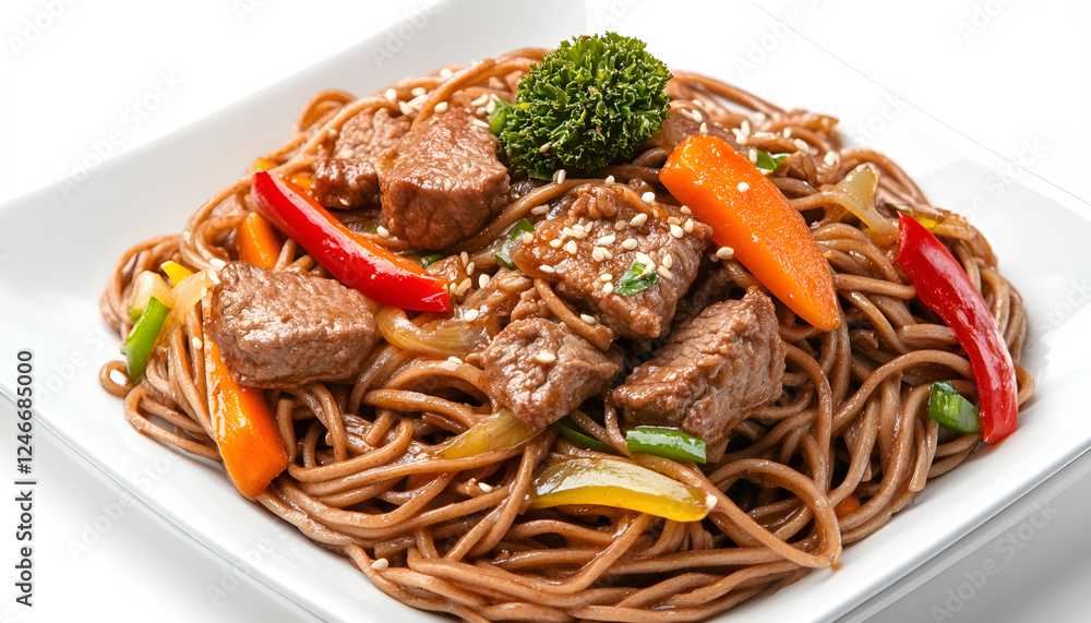 Soba noodles with beef, carrots, onions and sweet peppers. Top view Soba noodles with beef, carrots, onions and sweet peppers. Top view