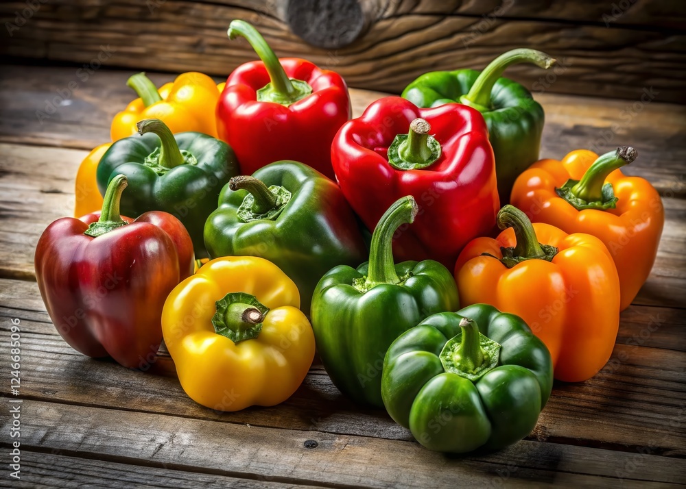 Colorful Mixed Peppers on Rustic Wooden Table - Vibrant Stock Photo Colorful Mixed Peppers on Rustic Wooden Table - Vibrant Stock Photo