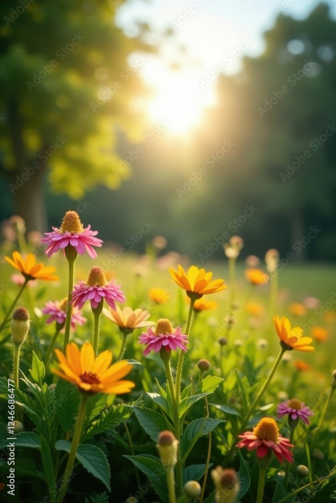 Blooming wildflowers in the sunlight with trees in background, landscape, sunlight Blooming wildflowers in the sunlight with trees in background, landscape, sunlight