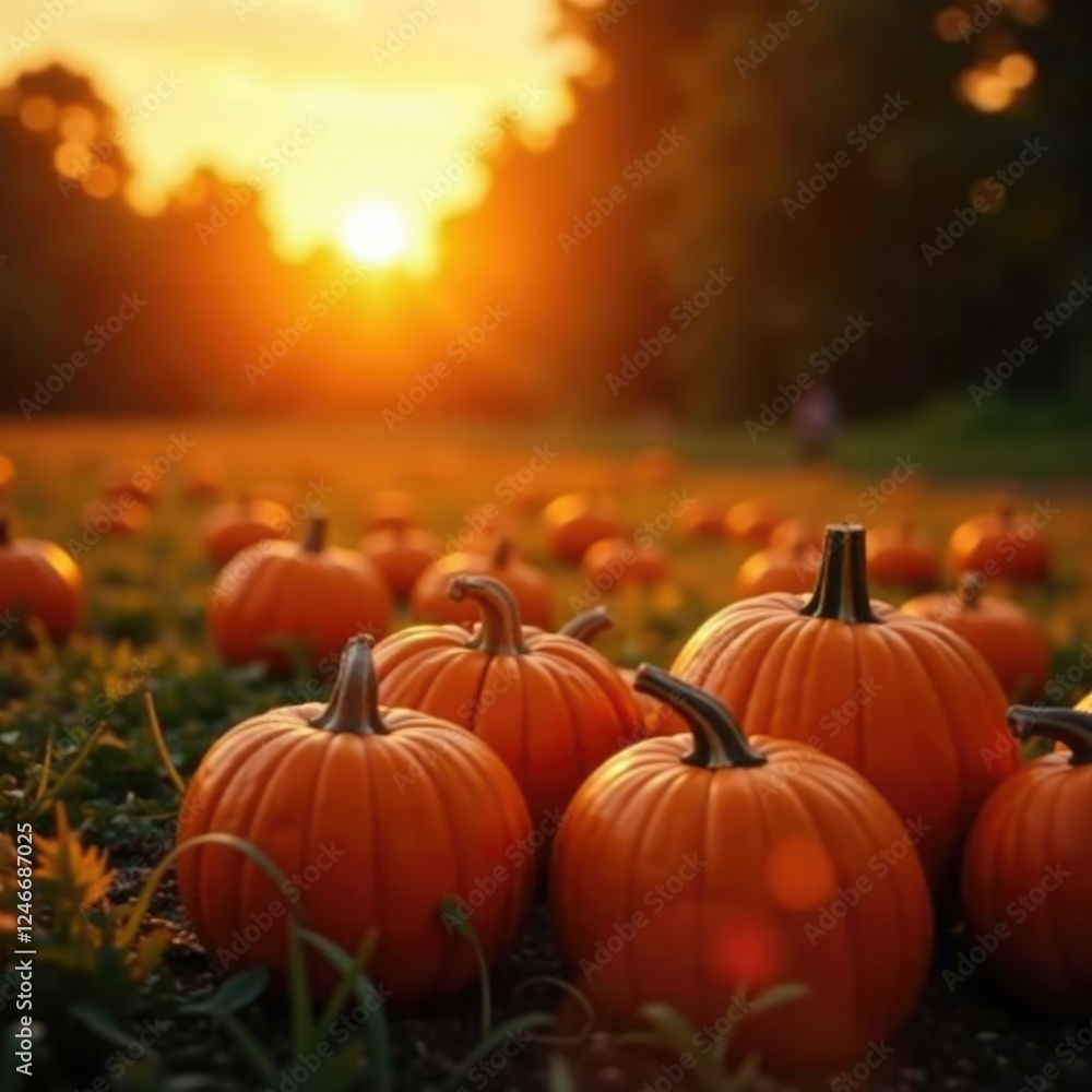 Naklejka premium Warm glow emanates from pumpkin patch on autumn evening, autumn, glow