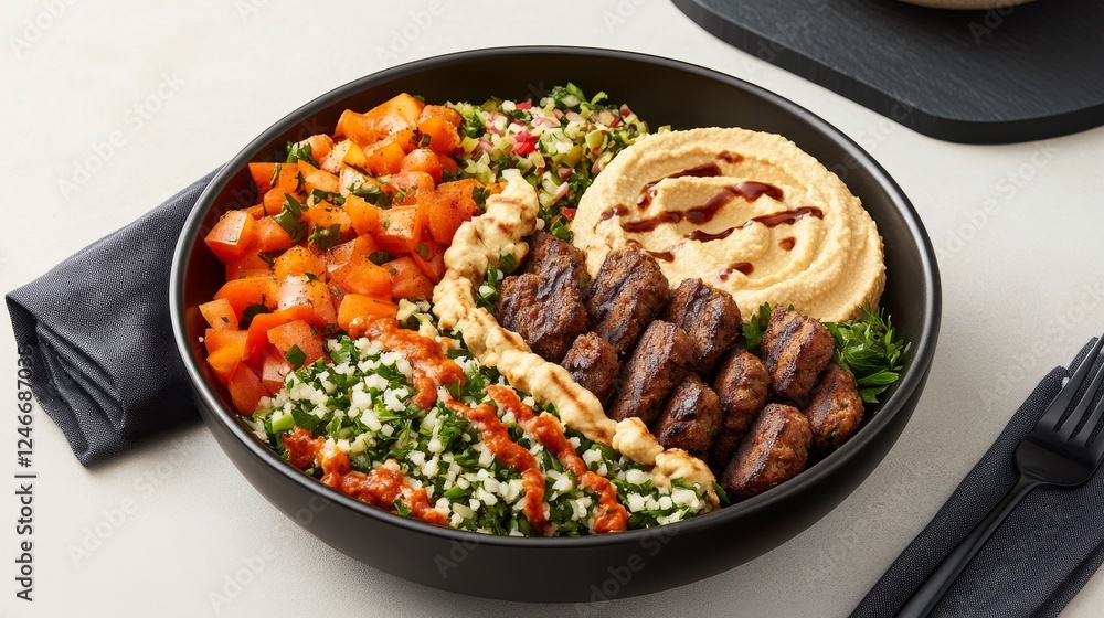 A vibrant Mediterranean bowl featuring grilled meat, fresh vegetable, and hummus on a neutral background