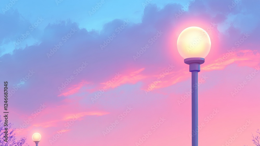 Serene Evening Sky with Soft Glow of Street Lamp and Colorful Clouds Serene Evening Sky with Soft Glow of Street Lamp and Colorful Clouds
