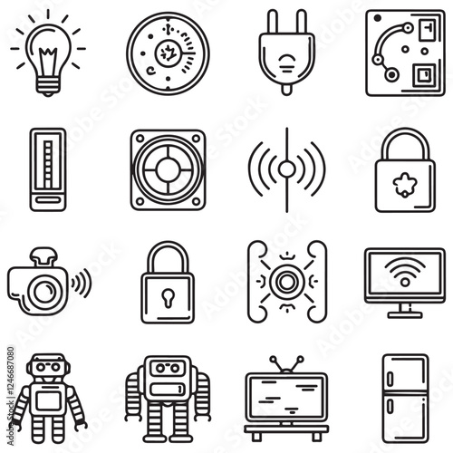 Set of 9 outline icons related to smart house. Linear icon collection. Editable stroke. Vector illustration