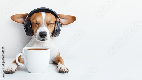 A relaxed dog wearing headphones enjoys a soothing drink, embodying a peaceful moment of leisure and comfort. photo