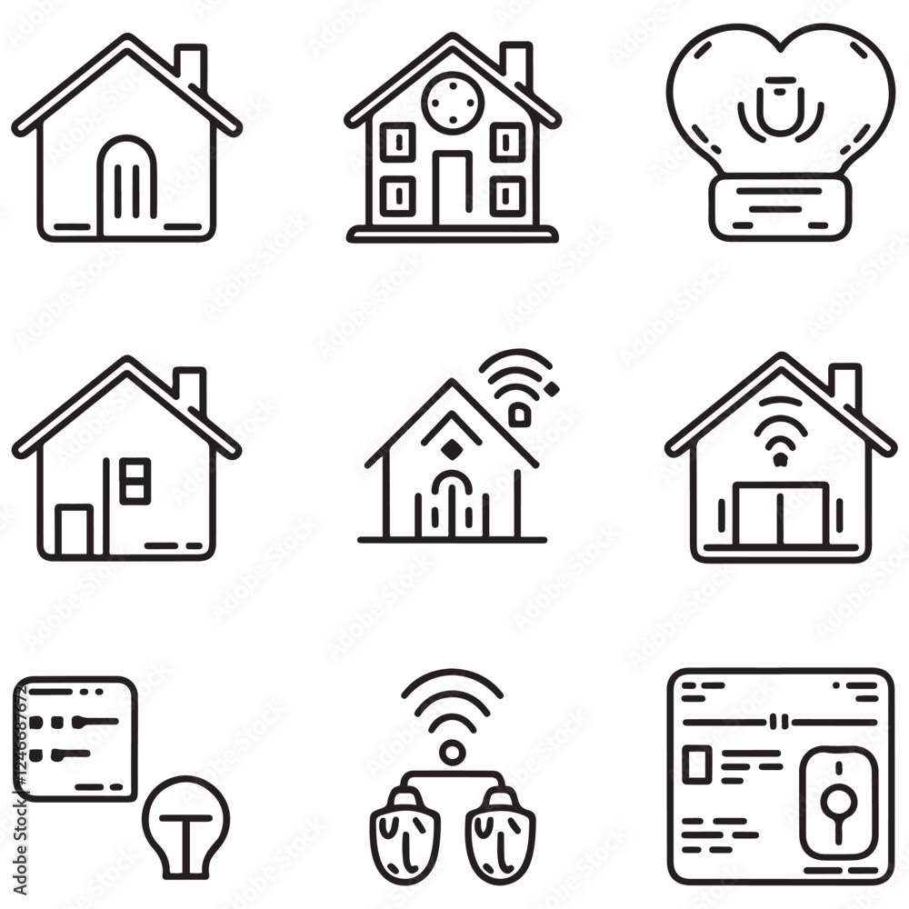 Set of 9 outline icons related to smart house. Linear icon collection. Editable stroke. Vector illustration