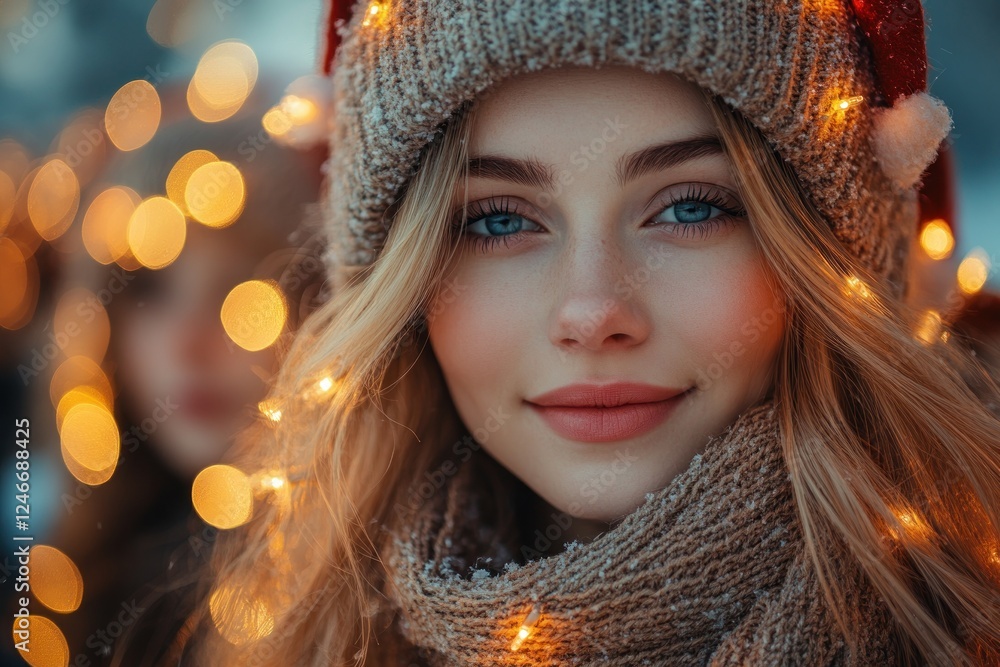 Friends Celebrating Winter Together in Santa Hats Under Christmas Lights Friends Celebrating Winter Together in Santa Hats Under Christmas Lights
