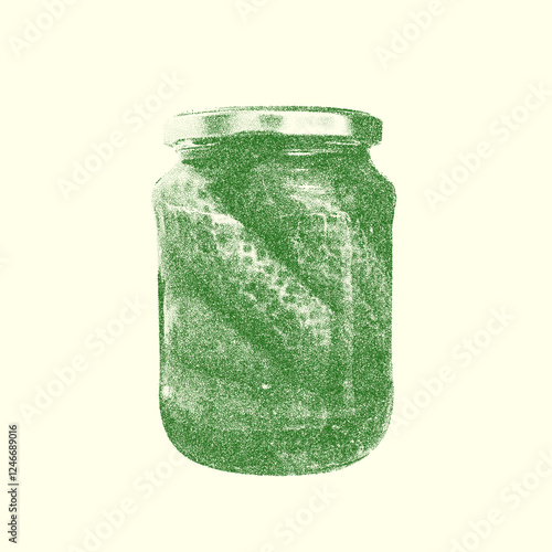 Exploring trendy pickled snacks in a vintage jar with halftone effects showcasing the art of fermenting vegetables.