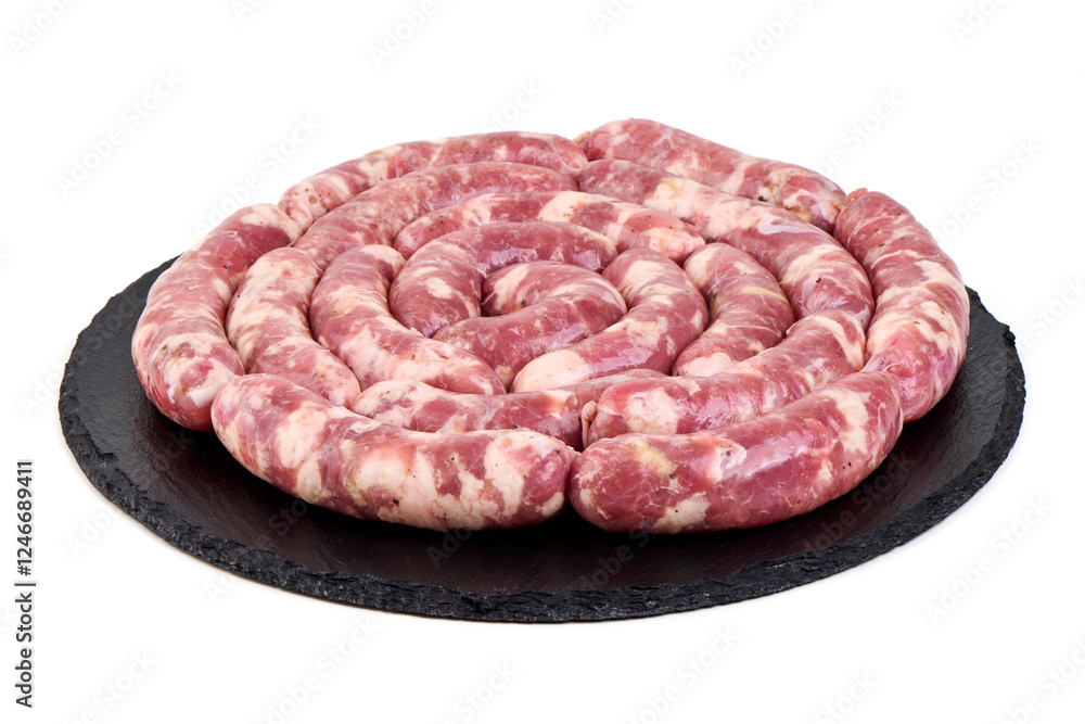 Obraz premium Raw Chopped Meat Sausages Isolated on White Background.