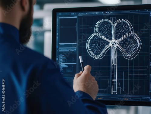 Engineers sketching a futuristic clovershaped wind farm on a digital tablet photo