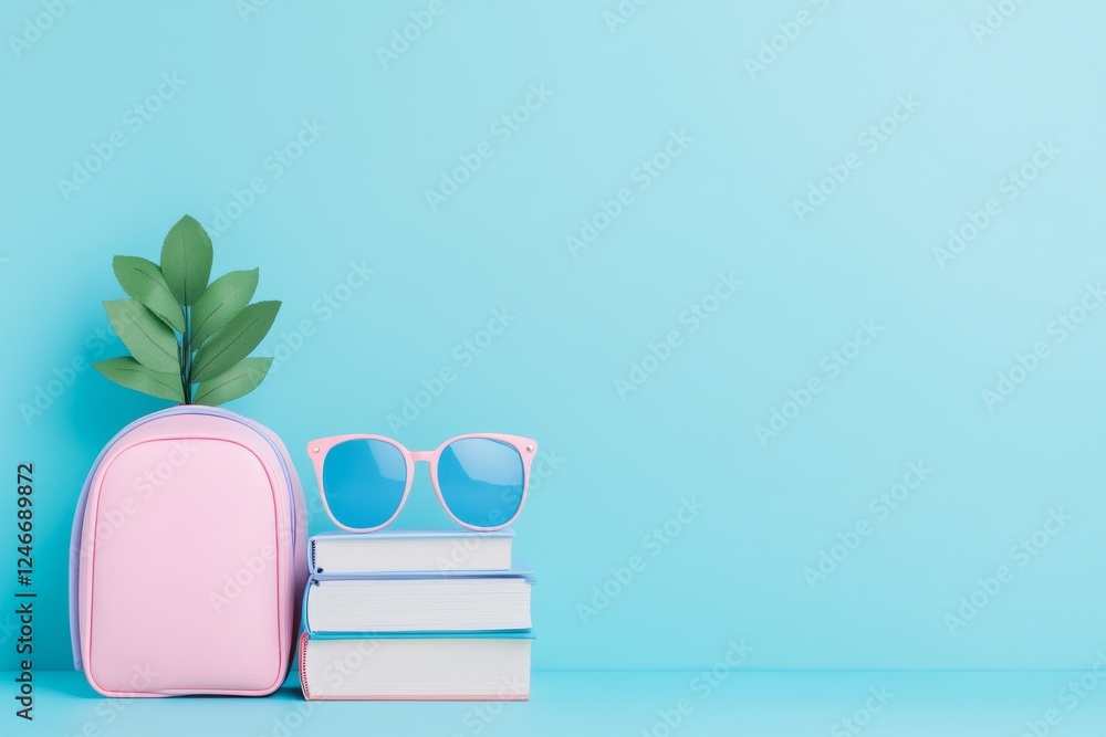 A pastel-themed image featuring a pink bag, stacked books, blue sunglasses, and a green plant against a light blue background. A pastel-themed image featuring a pink bag, stacked books, blue sunglasses, and a green plant against a light blue background.