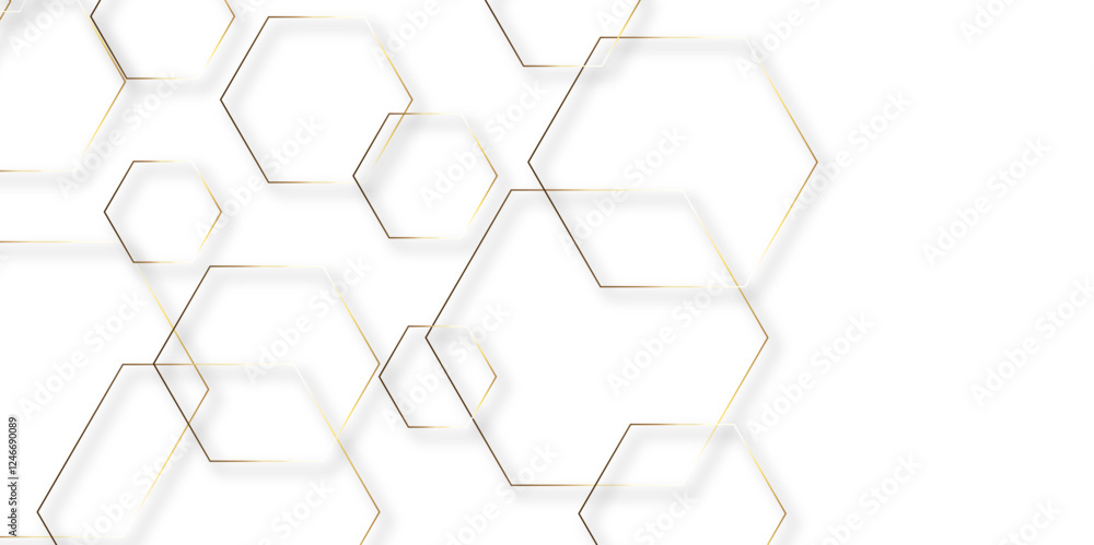 Abstract hexagon white background with shadow .golden background Futuristic blue neon honeycombs. Modern technology design. Vector illustration.