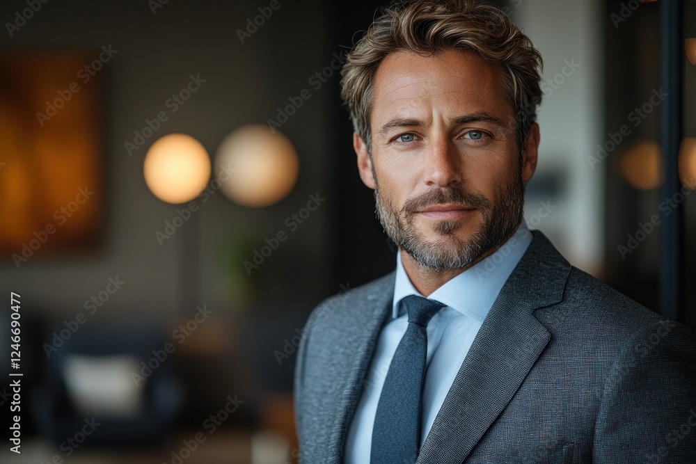 Confident businessman in modern office looking at camera with success and leadership attributes Confident businessman in modern office looking at camera with success and leadership attributes