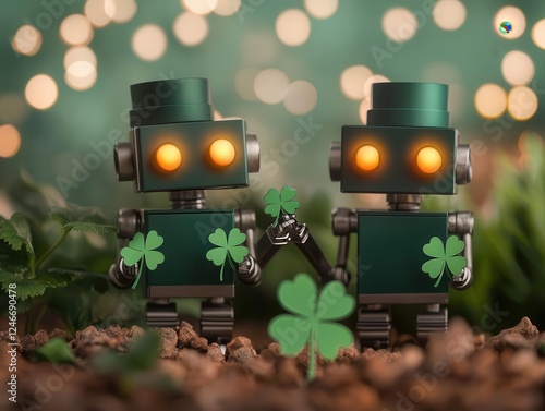 Leprechauninspired robots arranging glowing clovers in a whimsical workshop photo