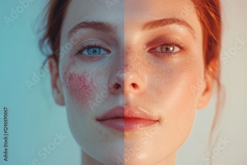 Comparison of skin conditions with one side showing acne and redness and the other displaying smooth and glowing skin. Generative AI photo