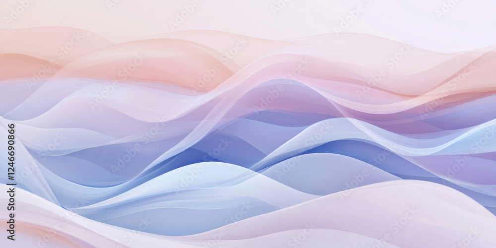 Fototapeta premium A seamless background with soft, undulating waves in lilac, chambray blue, and peach fuzz, creating a calming, ethereal atmosphere with gentle transitions.