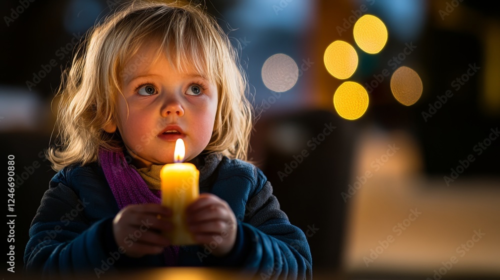 A child cradles a lit candle, its warm glow softly illuminating their face amidst the surrounding darkness, inviting a moment of reflection and calm A child cradles a lit candle, its warm glow softly illuminating their face amidst the surrounding darkness, inviting a moment of reflection and calm