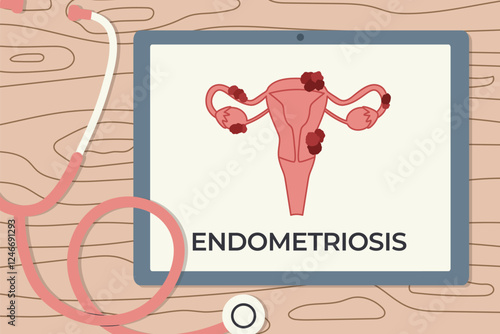 digital tablet displaying endometriosis disease; medical and educational content; awareness, diagnosis of endometriosis concept - vector illustration