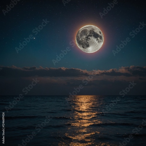 A moon made of crystal, casting rainbow reflections across a dark ocean.
