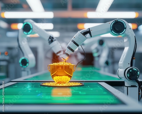 Leprechauninspired robots constructing a glowing pot of gold in a hightech lab photo