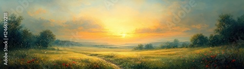 Panoramic Landscape of Lush Green Meadow at Sunset with Warm Golden Light in Impressionistic Style