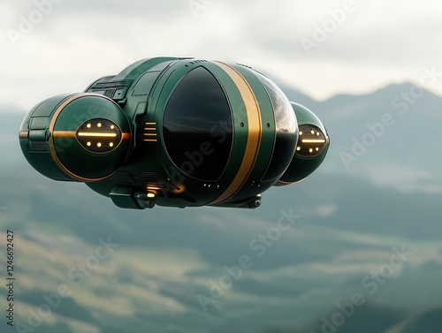 A green and gold clovershaped hovercraft flying over a futuristic Irish landscape photo