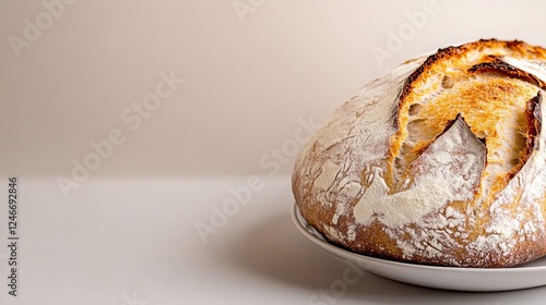 A freshly baked sourdough bread loaf sits perfectly on a white plate, showcasing its cracked golden crust against a neutral backdrop with ample space photo