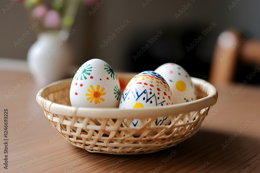 Fototapeta premium A close-up of intricately decorated Easter eggs placed in a rustic woven basket, showcasing various patterns and vibrant colors, symbolizing Easter traditions