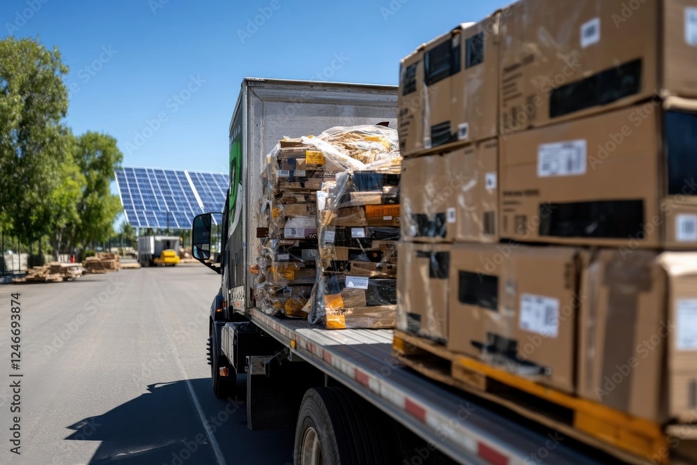 Naklejka premium A delivery truck parked outside a facility, filled with neatly stacked boxes, symbolizing logistics and the efficient movement of goods in a modern shipping environment.