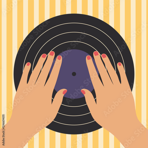 Minimalist poster with female hands on vinyl record. Music concept with gramophone record in retro style. Vector illustration