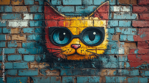 Colorful cat mural with glasses on a brick wall in an urban setting