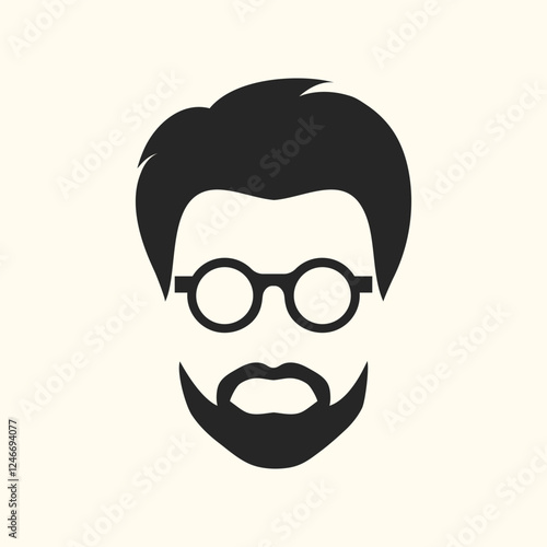 Bearded man in glasses icon. Haircut, glasses and beard. Abstract isolated minimalist portrait of a male face in eyeglasses. Vector illustration