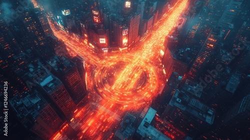Aerial Night View of Bustling Intersection in Seoul Gangnam District with Modern Skyscrapers and Traffic
