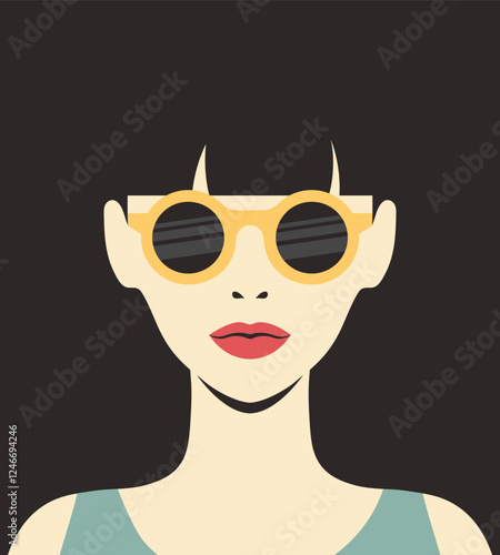 Woman in sunglasses retro poster. Abstract minimalist portrait of a female face in sunglasses. Vector illustration