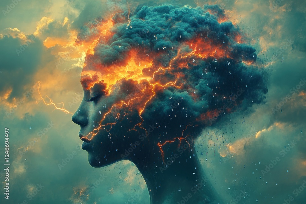 Abstract Human Head Silhouette with Colorful Clouds and Lightning for Mental Health and Emotional Well-being Abstract Human Head Silhouette with Colorful Clouds and Lightning for Mental Health and Emotional Well-being