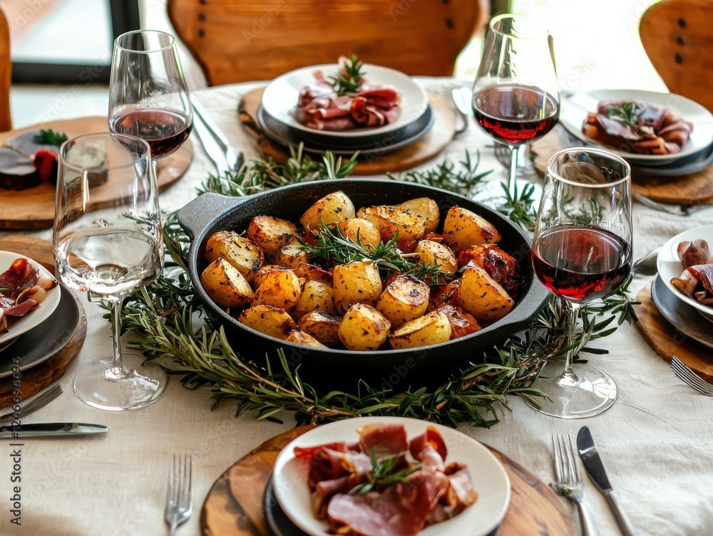 Savor authentic spanish tapas at a rustic table setting featuring patatas bravas and jamon iberico surrounded by colorful ceramics and wine Savor authentic spanish tapas at a rustic table setting featuring patatas bravas and jamon iberico surrounded by colorful ceramics and wine