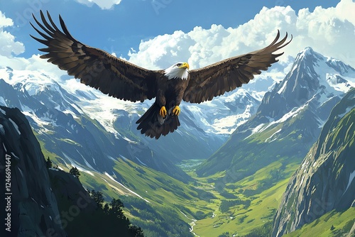 Wallpaper Mural A majestic eagle soaring high above the mountains, its wings spread wide as it searches for prey Torontodigital.ca