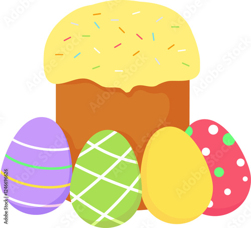 Easter bread and decorated easter eggs. Vector illustration with transparent background. 