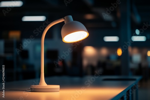 Close-up of a futuristic desk lamp casts soft light over a sleek table, highlighting modern design elements in a stylish office environment