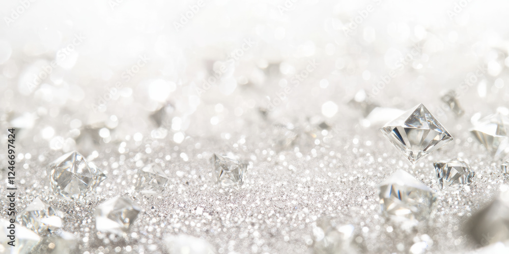 A glimmering surface with a combination of diamond-shaped facets and small, glittering particles scattered across a white background. The soft sparkle creates a luxurious, magical atmosphere, ideal A glimmering surface with a combination of diamond-shaped facets and small, glittering particles scattered across a white background. The soft sparkle creates a luxurious, magical atmosphere, ideal