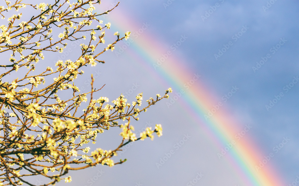 branches of a blooming fruit tree illuminated by sunlight against a bright colorful rainbow against a dark gray cloudy sky on a spring evening