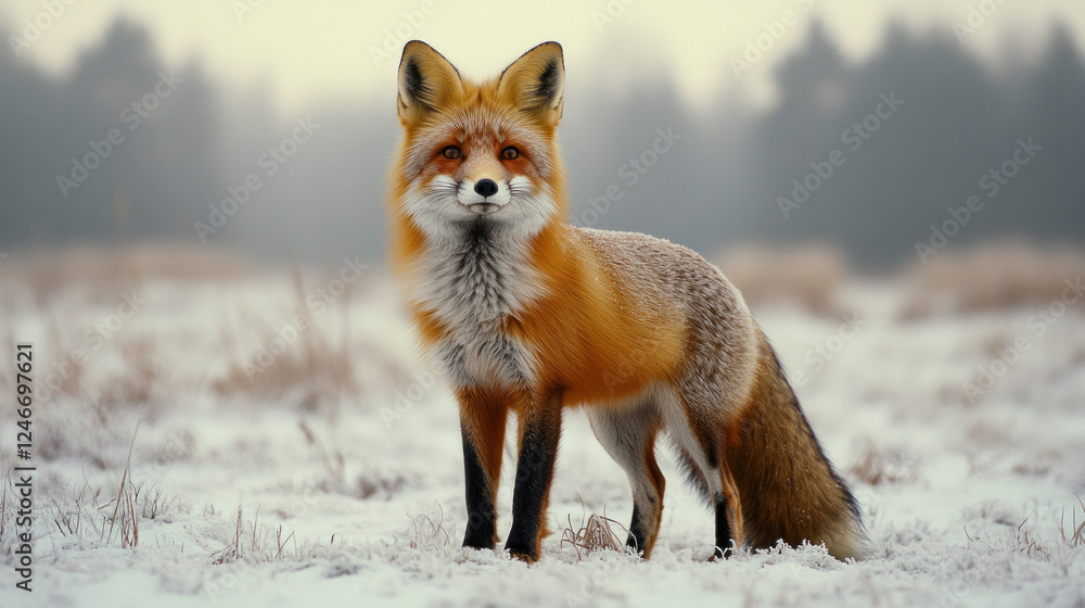 Animal portraits of a red fox standing alert in a snowy meadow, its fur glistening in the sunlight Animal portraits of a red fox standing alert in a snowy meadow, its fur glistening in the sunlight