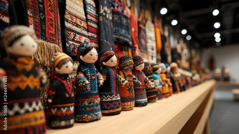 Fototapeta premium Celebrating cultural heritage folk art dolls exhibition museum gallery art display colorful fabrics close-up cultural diversity