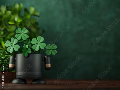 Leprechauninspired robots arranging glowing clovers in a whimsical workshop photo